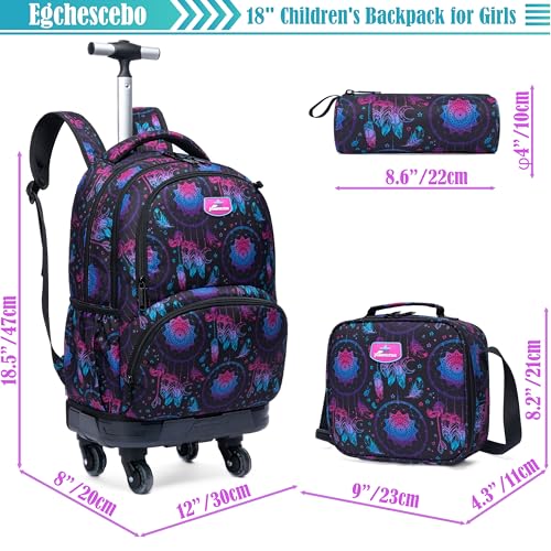 Kids Rolling Backpack for Girls Geometric Suitcases Trolley Roller Luggage Backpacks with 360° Rotating Wheels 15" Laptop Lunch Box Pencil Case for Elementary 18" Travel School Bag Purple - color: Blue-jihe-1220