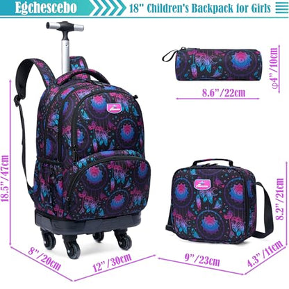 Kids Rolling Backpack for Girls Geometric Suitcases Trolley Roller Luggage Backpacks with 360° Rotating Wheels 15" Laptop Lunch Box Pencil Case for Elementary 18" Travel School Bag Purple - color: Blue-jihe-1220