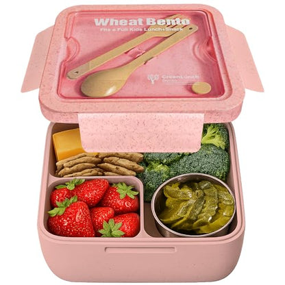 GreenLunch Bento Lunch Box for Kids, Large 2-Compartment, Durable and Microwave Safe, BPA-Free with Utensils, Wheat Straw Snack Containers for Kids – Pink - color: Pink
