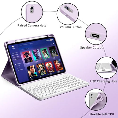 kenke for iPad 11/10th Gen Case with Keyboard 11/10.9 inch 2025 A16/2022, Detachable Wireless Bluetooth Keyboard Case with Bulit-in Pencil Holder, White Square Keycaps (Purple) - color: Taro