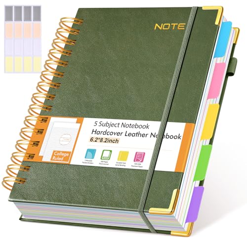Hardcover Spiral Notebook with Removable Dividers Tabs, 300 pages Leather 5 Subject Notebook College Ruled, 6.2" x 8.2" Journal for Women Men, Small Notebooks for Work School Note taking,A5 Green - color: Green, size: A5（6.2" x 8.2"）