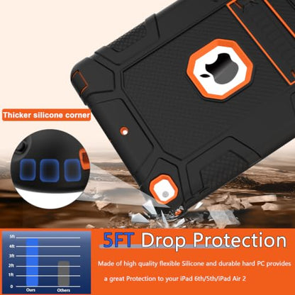 iPad 6th Generation Cases, iPad 5th Generation Case, iPad 9.7 Case, iPad Air 2 Case, Hybrid Shockproof Rugged Drop Protection Case Built with Kickstand for iPad 9.7 inch (Black+Orange) - color: Black+Orange