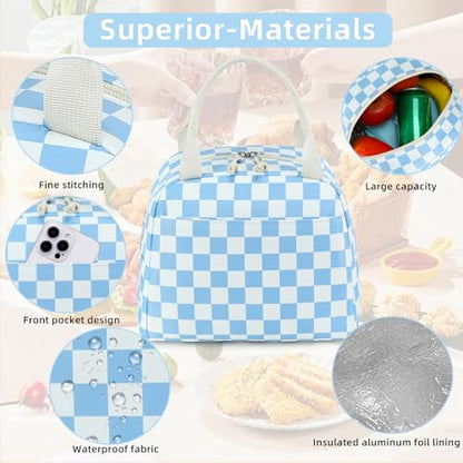 LEDAOU Kids Lunch Bag for Girls, Insulated School Lunch Box, Lightweight | Insulated interior, lightweight design, front pocket, smooth dual zippers, ideal for school and travel - color: Blue White Checkered
