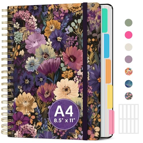 Large Spiral Lined Notebooks for Work with Removable Dividers & Tabs, 8.5"x11" Pretty Hardcover 5 Subject Notebook Journal for Women, College Ruled, Perfect for Study & Office Organization, 280 Pages,Midnight Bloom - color: V - Midnight Bloom