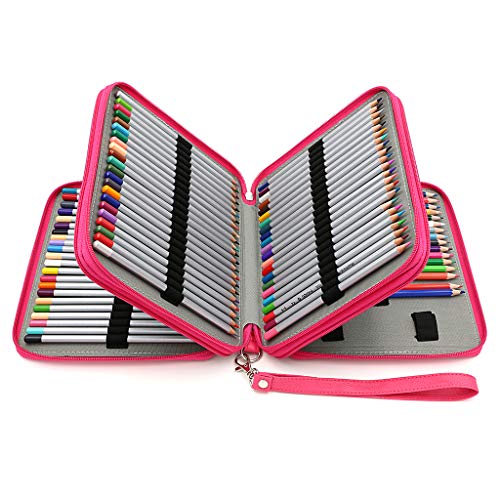 BTSKY Deluxe PU Leather Pencil Case For Colored Pencils - 120 Slot Pencil Holder with Handle Strap Handy Colored Pencil Box Large (Rose Red) - color: Red