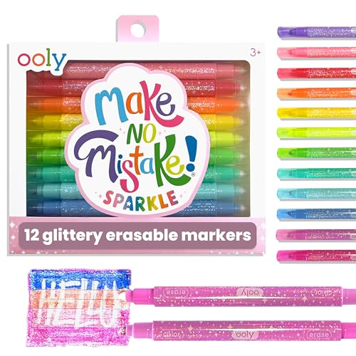 Ooly Make No Mistake Glittery Erasable Markers, 12 Stress and Mess Free Sparkle Markers You Can Erase, Colorful Supplies for Any Arts & Crafts - color: Erasable Glittery