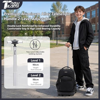 NEW TILAMI 18-Inch 6-Wheel Rolling Backpack for Kids, Black | Height-Adjustable Trolley Handle Padded Back Panel Adjustable Shoulder Straps Multiple Compartments - color: Black