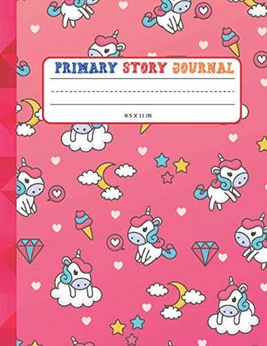 UNICORN - Primary Story Journal: Dotted Midline and Picture Space | Large (8.5 x 11 inches) - Blank handwriting practice paper with dotted lines ... Exercise Book (Magenta Gradient Background)