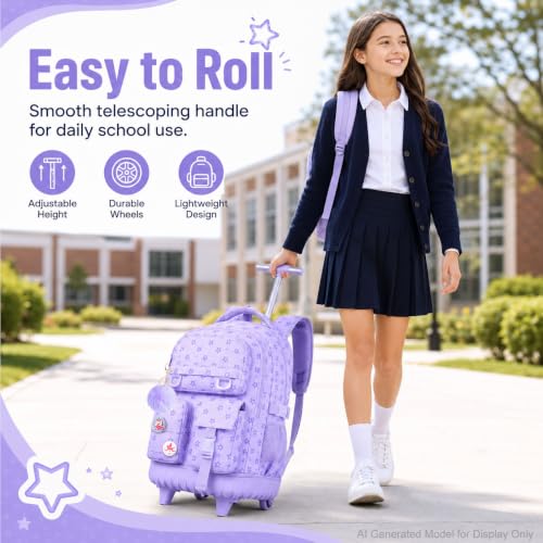 WZLVO 3PCS Rolling Bookbag, Water Resistance Girls Wheeled Backpack, Women Aesthetic Roller School Bag Set with Lunch Box & Pencil Bag for Teens & Kids - Purple Star - color: 3pcs Girls Rolling Backpack - Purple Star