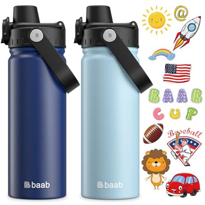 baab 18oz Kids Water Bottle, Insulated Kids Water Bottle with Lockable Spout Lid & Stickers, 18/8 Stainless Steel Vacuum Leakproof Kid Water Cup for Boy Girl School (Navy Blue+Light Blue, 2 Pack) - color: Navy Blue+Light Blue, size: 18 Ounces