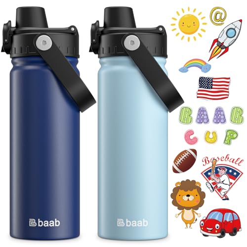 baab 18oz Kids Water Bottle, Insulated Kids Water Bottle with Lockable Spout Lid & Stickers, 18/8 Stainless Steel Vacuum Leakproof Kid Water Cup for Boy Girl School (Navy Blue+Light Blue, 2 Pack) - color: Navy Blue+Light Blue, size: 18 Ounces