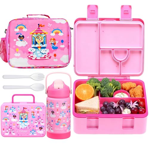 rockpapa Kids Lunch Box Set with 14oz Insulated Water Bottle & Lunch Bag, Leakproof 5.5 Cups Bento Box for School & Children, BPA-Free, Microwave Safe for Boys Girls (Pink Fairies) - color: Pink Fairies
