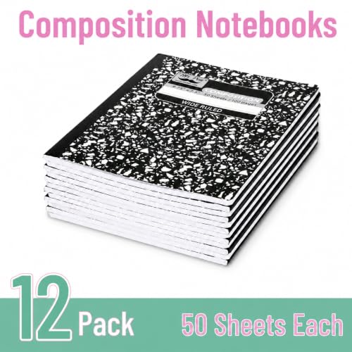Mr. Pen- Composition Notebook, 12 Pack, Wide Ruled, 600 Sheets | 9.75" x 7.5", Black Marble, Composition Book, Notebooks for School, Wide Ruled Composition Notebook, Journal Notebooks - size: 12 Pack