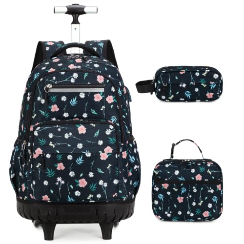 ACESAK Rolling Backpack for Girls - Roller Wheels School bag with Lunch Bag & Pencil Pouch for Teen Girls Kids Wheeled Suitcase Backpacks, Elementary Middle School Travel Daypack (Black Floral) - color: Black Floral