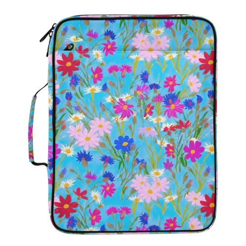 Heavy-Duty 3-Ring Mechanism Binder Portfolio Case with 7-Pocket Accordion Index and Elastic Pen Loops Organizer for Back to School Colorful Flowers