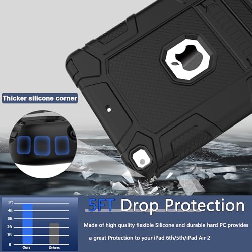 for iPad 6th/5th Generation Case, iPad Air 2 Case 9.7 Inch, [3-in-1] Heavy Duty Shockproof Rugged Protective Cover with Kickstand for A1893 A1954 A1822 A1823 A1566 A1567, Black - color: Black