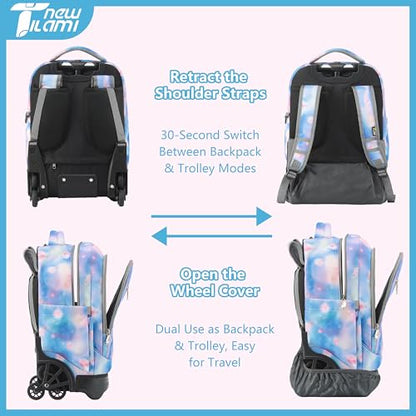 NEW TILAMI 18-Inch 6-Wheel Rolling Backpack for Kids, Purple Star | Lightweight Wear-Resistant Adjustable Shoulder Straps, Padded Back Support Top Handle School Travel - color: Purple Star