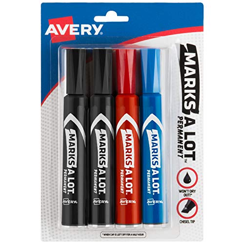 Avery Marks-A-Lot Permanent Markers, Regular Desk-Style Size, Chisel Tip, Water and Wear Resistant, 4 Assorted Markers (07905) - style: 4 markers