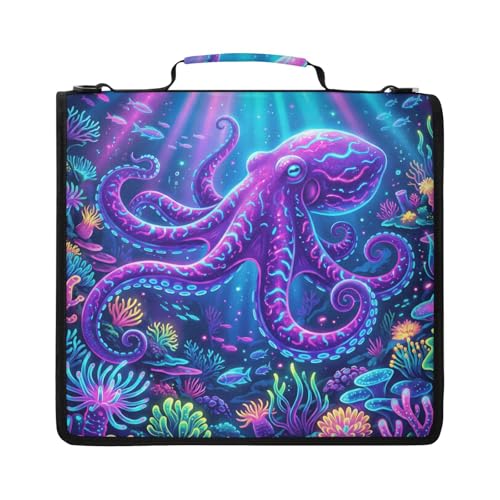Octopus 2-inch 3 Ring Zipper Binder with Shoulder Strap Holds 14 Inch Laptop for Students and Office - color: Glowing Octopus