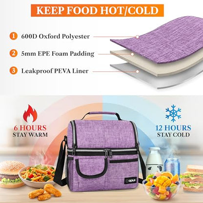 opux Insulated Lunch Bag Women Men, Dual Compartment Leakproof Lunch Box Adults Kids, Double Decker Meal Prep Bento Lunch Cooler Tote with Shoulder Strap for Work Office School Travel, Purple - color: Heather Purple