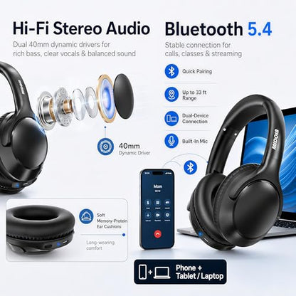 MIDOLA Bluetooth Headphones Over Ear, 68H Playtime Wireless Headphones with Microphone, 6 EQ Modes, HiFi Stereo Deep Bass, Foldable Lightweight Headset for Home Office, Cellphone, PC, Black - color: Black