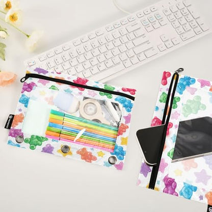 Pencil Pouch 3 Ring Colorful Gummy Bears Stars Zipper Pencil Pouches Case Binder Cosmetic Bag 2 Pack for Office School College Supplies - color: Gummy Bears Stars