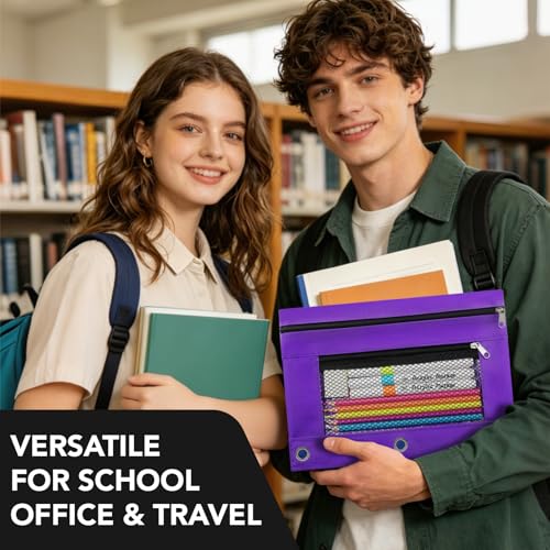 3 Ring Pencil Pouch for Binder, 2-Pocket Zipper Pencil Case with Clear Window & Mesh Pocket, Heavy Duty 600D Oxford Fabric Binder Pouch for School Office Supplies, Fits Standard 3-Ring Binders, Purple - color: Purple