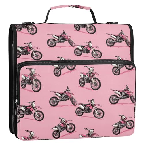 Fisyme Dirt Bike Motocycles Zipper Binder 3 Ring with Zipper and Shoulder Strap Large Capacity Multi-Pocket Binder Organizer - color: Multi-light Pinks