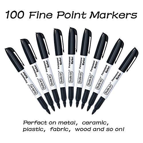 Shuttle Art 100 Pack Black Permanent Markers, Fine Point Permanent Marker Pens Set Perfect on Plastic, Wood, Stone, Metal and Glass for Doodling, Writing, Marking, Office School Supplies