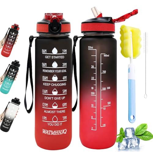 32oz Sports Water Bottle Outdoor, with Drinking Time and Capacity Labels, Sport Water Cups with Straw,BPA Free Leak Proof,for Fitness Gym Running Climbing (Black red) - color: Black red