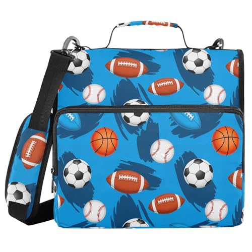 Zipper Binder Bag 3 Ring File Folder Portfolio Organizer Zippered Binder Bags with Strap Fits Laptop Women Men - color: 29-sports Balls Blue