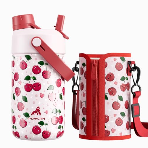 12 oz Kids Water Bottle for Girls: Leakproof, Durable Straw Spout Lid, 24H Cold, with Leather Sleeve, Easy Carry, Insulated Stainless Steel Cup for School, Travel, Camping, Daily (Giggly Cherry) - color: Giggly Cherry, size: 12 Ounces