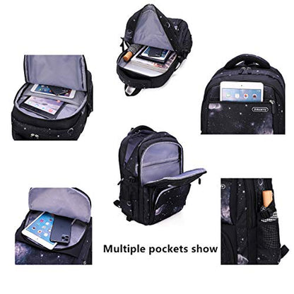 VIDOSCLA Elementary Galaxy Teens Rolling Backpack Kids Boys Luggage with Wheels Trolly BookBag for School-6 Wheels - color: Black Blue-3pcs 6 Wheels, style: 6 Wheels 3pcs