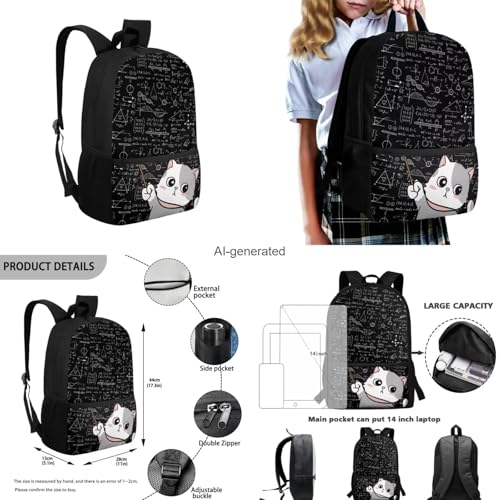 Cat Backpack for School Girls Backpack with Lunch Box Water Bottle Carrier with Strap and Kawaii Pencil Case 4 in 1 Cute Bookbag with Front Pocket 17 inch Large Elementary School Bag for Kids - color: Cat Teacher