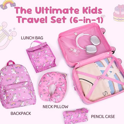 16’’ Kid’s Luggage Set with Spinner Wheels, Hardside with Suitcases,6 Piece | Carry on Luggage, Travel Rolling Luggage Airline Approved, Girls Boys - color: Unicorn
