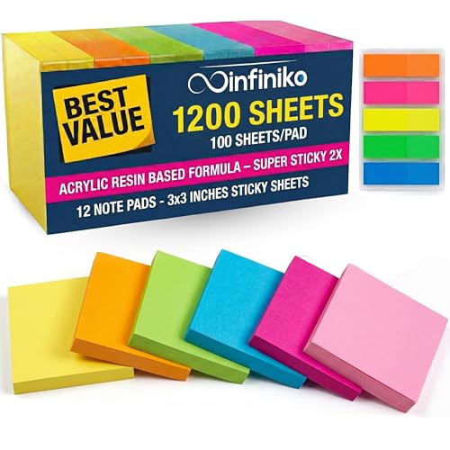 Sticky Notes 3x3 (12 Pads / 1200 Sheets) – 2026 Improved Adhesive, Very Very Sticky & Bright Neon Colors – Perfect for School, Office & Desk Supplies