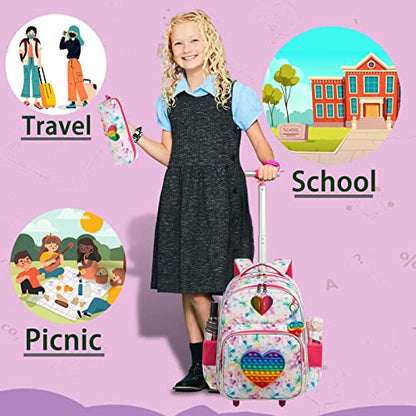 Meetbelify Rolling Backpack for Girls Wheels Backpacks for Elementary Student Kids Wheeled Trolley Trip Luggage for Teen Girls with Lunch Box Pencil Case - color: 01 Love