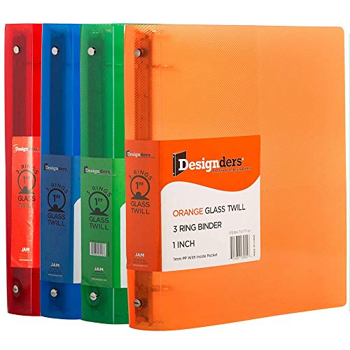 JAM PAPER Plastic 1 inch Binders - Assorted 3 Ring Binders (Red, Blue, Green & Orange) - 4/Pack - color: Assorted, size: 1 inch