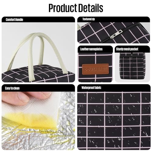 douyadady Lunch Bag Women/Men Lunch Box Women/Men (Black+Pink Blocks) | Spacious Lightweight Waterproof Sturdy Durable Great Value For Office Work School Picnic Travel - color: Black+Pink Blocks