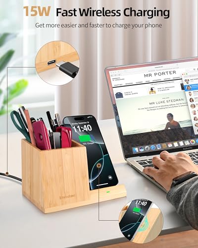 3-in-1 Bamboo Wireless Charger with Desk Organizer, Bamboo Pen Holder for Desk, 15W Fast Wireless Charger with Pen Holder for Home Office Supplies, Compatible with iPhone and Samsung - color: Bamboo