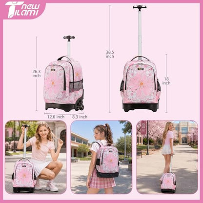NEW TILAMI Girls & Boys Rolling Backpack - Moisture-Wicking, Adjustable Handle, Large Capacity, Perfect for School & Travel, Pink Flowers - color: Pink Flowers