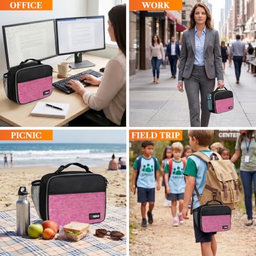 opux Insulated Lunch Bag for Kids, Reusable Lunch Box for School with Leakproof Lining, Compact Soft Cooler Tote for Boys & Girls, Front Pocket, Mesh Side Bottle Holder (Heather Pink) - color: Heather Pink