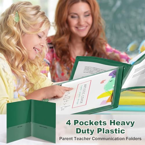 Henoyso 24 Pcs Plastic Folders with Clear Front Pockets Heavy Duty Take Home Back to School Pockets Homework Folders for School Students Parent Teacher Classroom Communication (Dark Green) - color: Dark Green