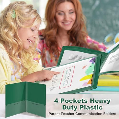 Henoyso 24 Pcs Plastic Folders with Clear Front Pockets Heavy Duty Take Home Back to School Pockets Homework Folders for School Students Parent Teacher Classroom Communication (Dark Green) - color: Dark Green