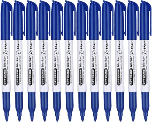 SFAIH Blue Dry Erase Markers Fine Tip - 12 Pack Whiteboard Markers Standard Set For Brainstorming & Visual Planning, Teams, Teacher & Creative Sessions | Low-Odor Non-Toxic Easy Clean - color: Blue