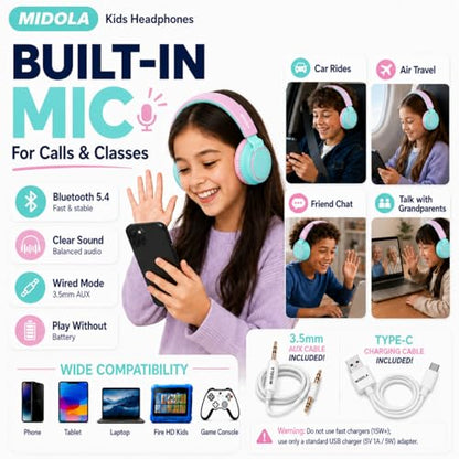 MIDOLA Kids Bluetooth Headphones 68H Play Time,Volume Limit 85/94dB, Foldable Lightweight Wireless Over-Ear Headphone for Toddler Kid Child Pad,Headsets with Aux Built-in Mic Cyan - color: Cyan