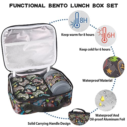 Bento Lunch Box Set for Kids with 10oz Soup Thermo, Leak-Proof Lunch Containers with 4 Compartment, Kids Thermo Hot Food Jar and Insulated Lunch Bag for Kid to School,BPA-Free(Black-Game Console) - color: Black-Game Console