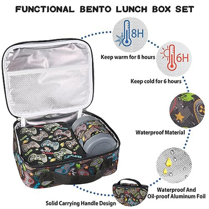 Bento Lunch Box Set for Kids with 10oz Soup Thermo, Leak-Proof Lunch Containers with 4 Compartment, Kids Thermo Hot Food Jar and Insulated Lunch Bag for Kid to School,BPA-Free(Black-Game Console) - color: Black-Game Console
