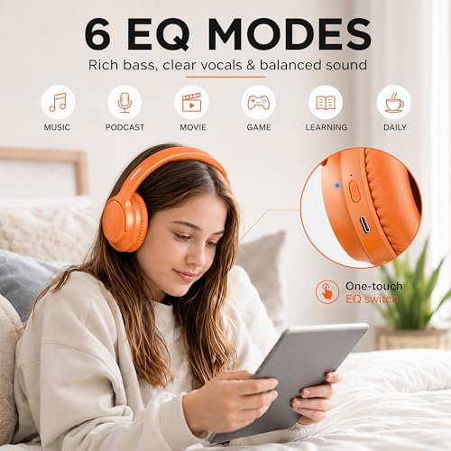 MIDOLA Bluetooth Headphones Over Ear, 68H Playtime Wireless Headphones with Microphone, 6 EQ Modes, HiFi Stereo Deep Bass, Foldable Lightweight Headset for Home Office, Cellphone, PC, Orange - color: Orange