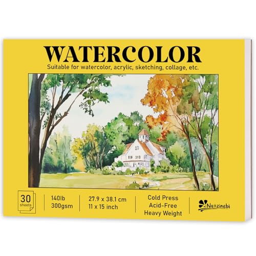 Watercolor Paper Pad 11x15 Inch 30 Sheets 140lb (300gsm) Glue Bound Artist Large Sketchbook Heavyweight Drawing Paper Book Water Color Pad for Adults and Students Mixed Media Markers Art Supplies